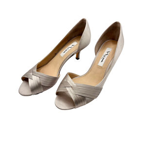 NINA Women's Silver Satin Peep Toe 2" Kitten Heel Pumps 7.5 M Evenings Wedding